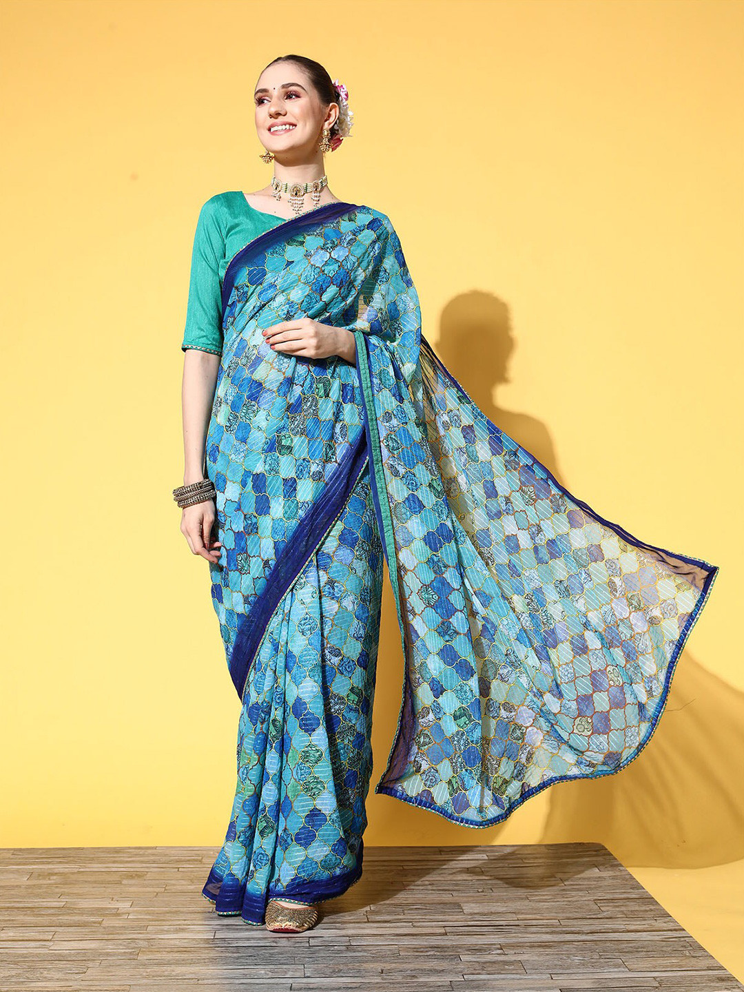

ODETTE Ethnic Motifs Printed Saree, Blue