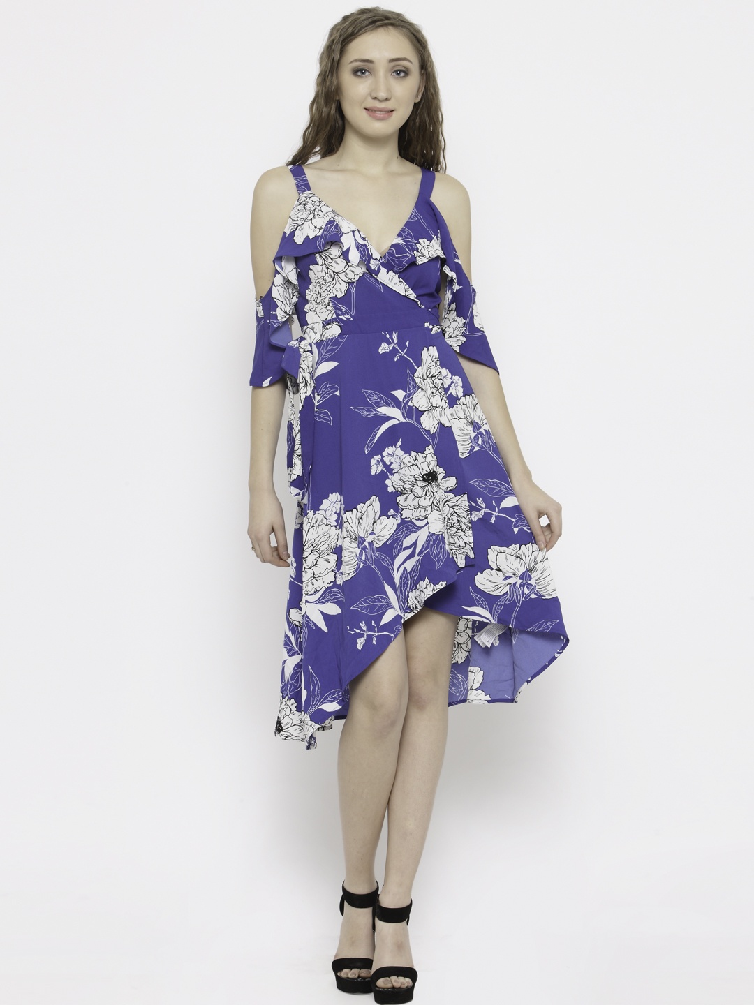 

FOREVER 21 Women Blue & White Printed Wrap Dress