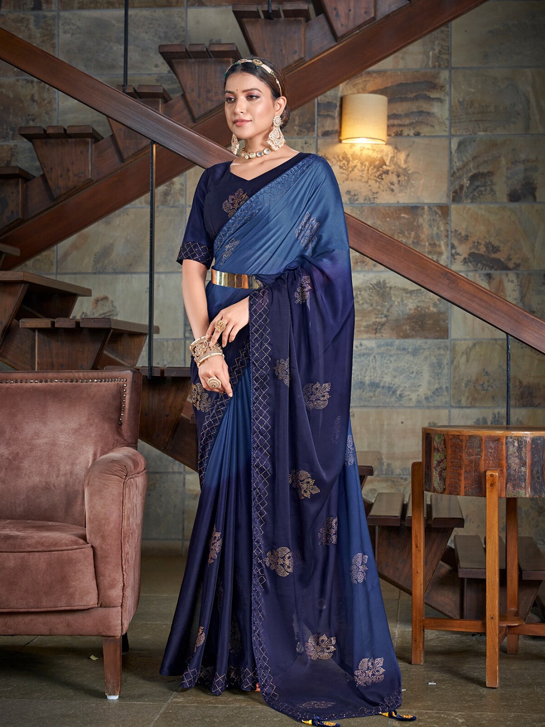 

ODETTE Ethnic Motifs Embellished Saree, Navy blue