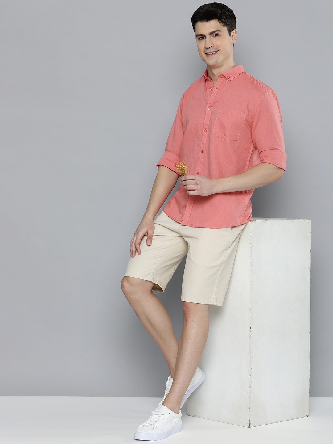 

Mast & Harbour Men Standard Cotton Linen Casual Shirt, Coral