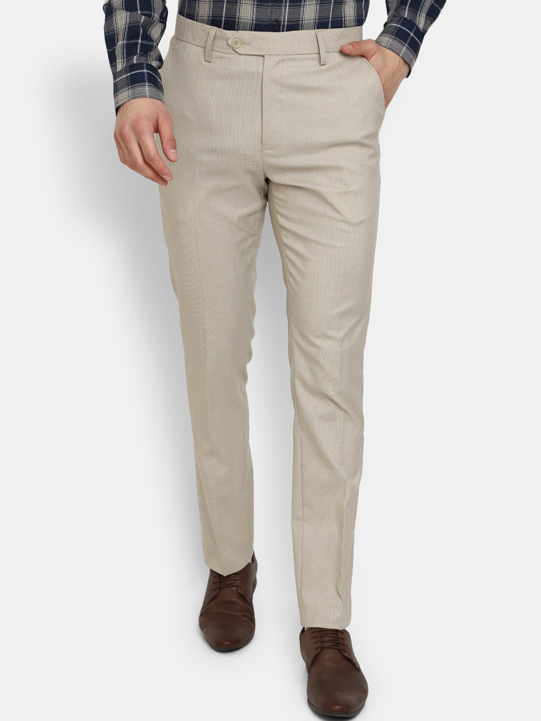 

J White by Vmart Men Textured Classic Slim Fit Cotton Trousers, Beige