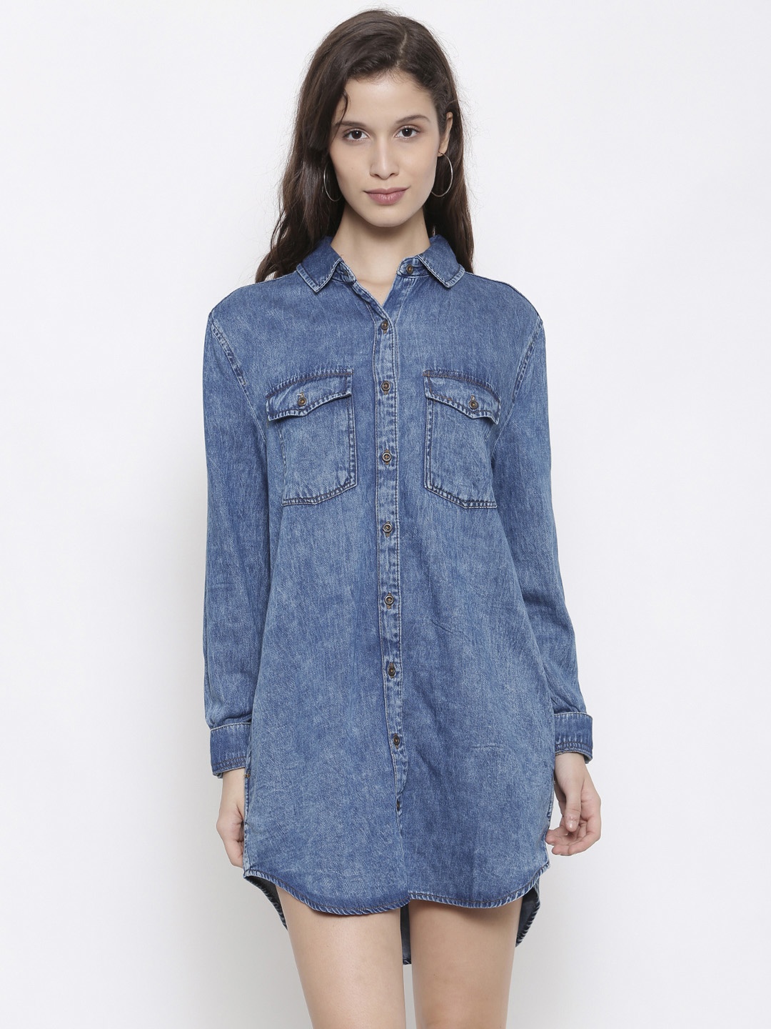 

FOREVER 21 Women Blue Solid Denim Shirt Dress
