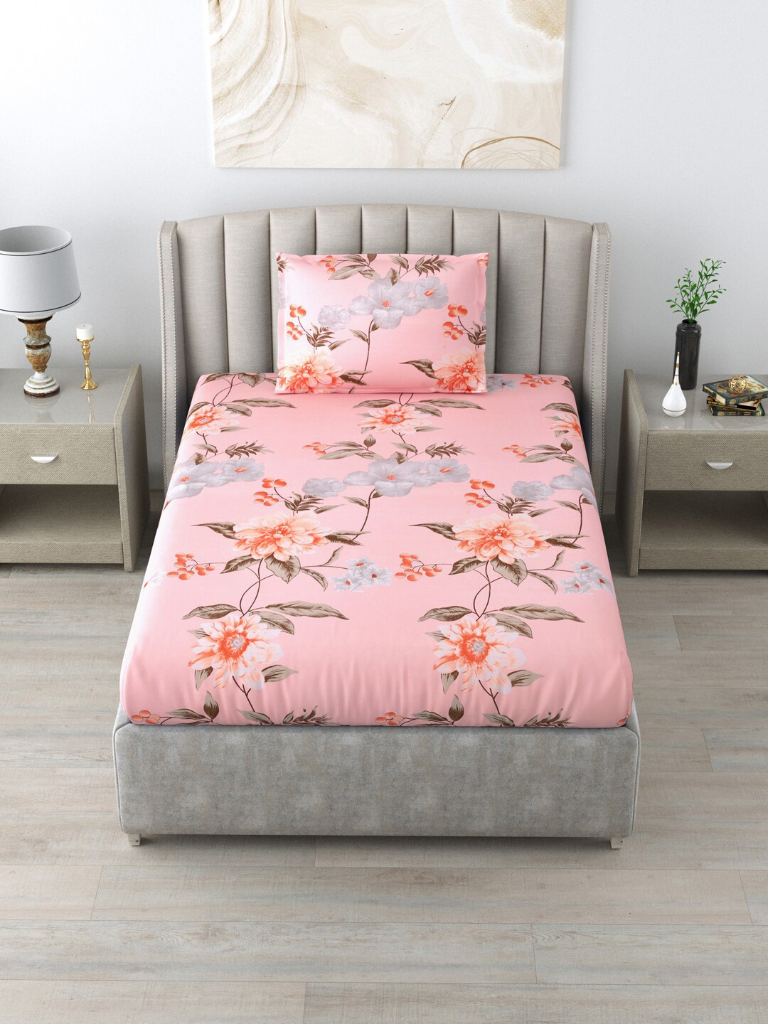 

Salona Bichona Pink & Grey Floral 144 TC Single Bedsheet with Pillow Cover