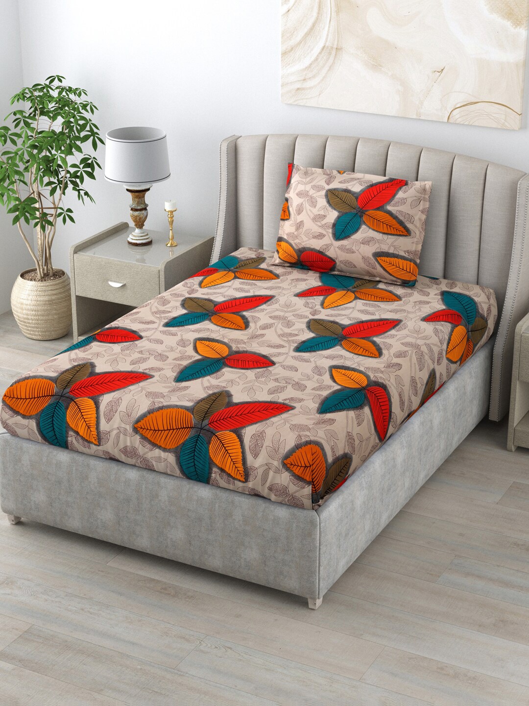 

Salona Bichona Beige & Red Floral 144 TC Single Bedsheet With 1 Pillow Cover