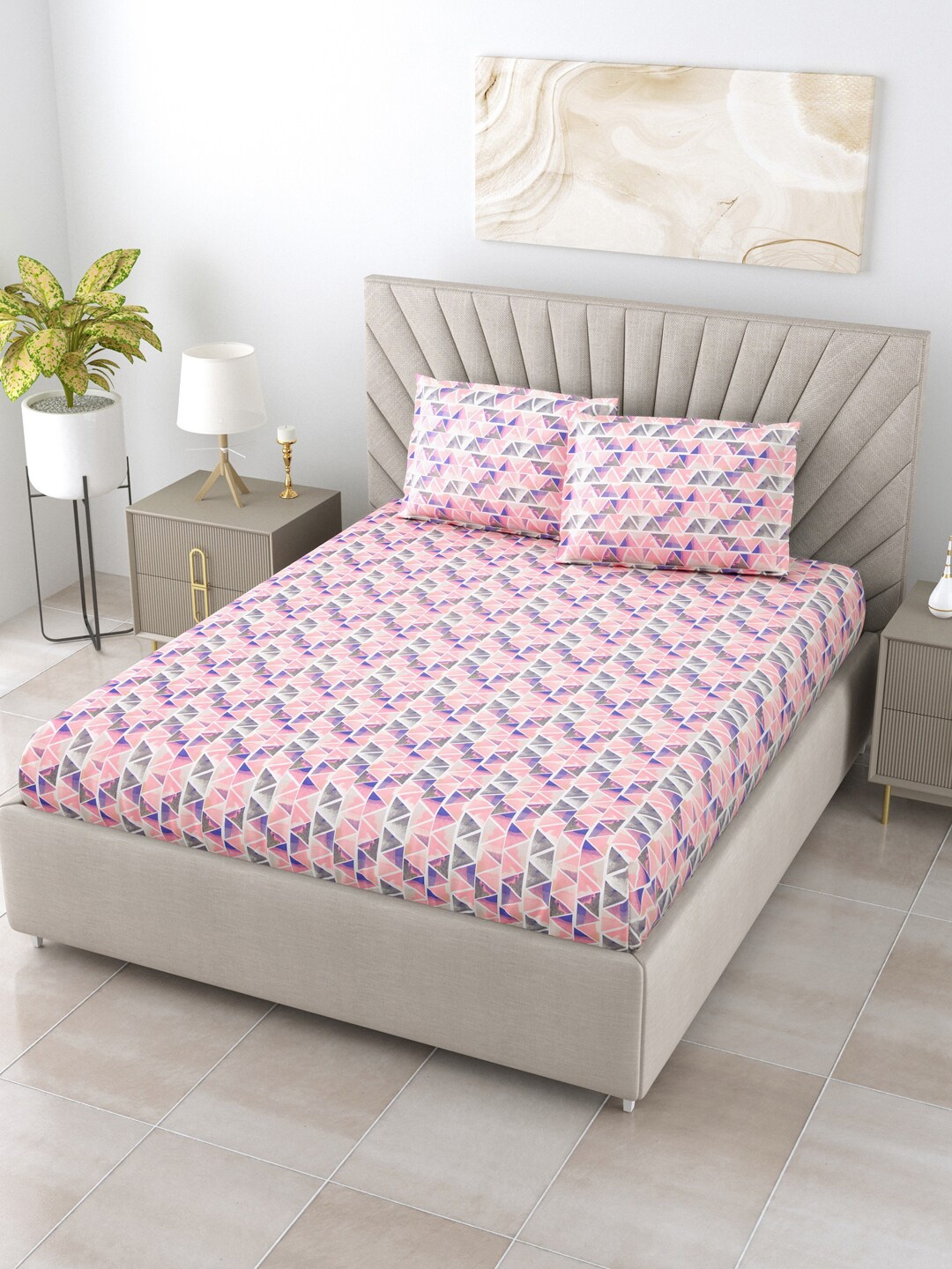 

Salona Bichona Austere Pink & Blue 144 TC Cotton Queen Bedsheet With 2 Pillow Covers