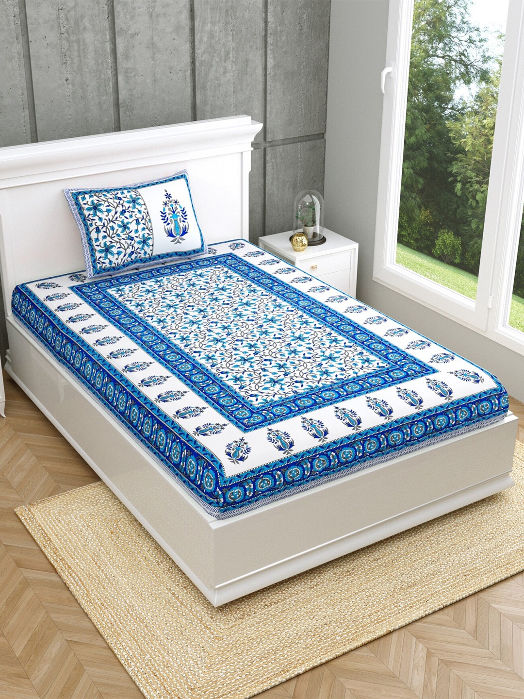 

Salona Bichona Jaipuri Blue & White Floral 120 TC Single Bedsheet With 1 Pillow Cover