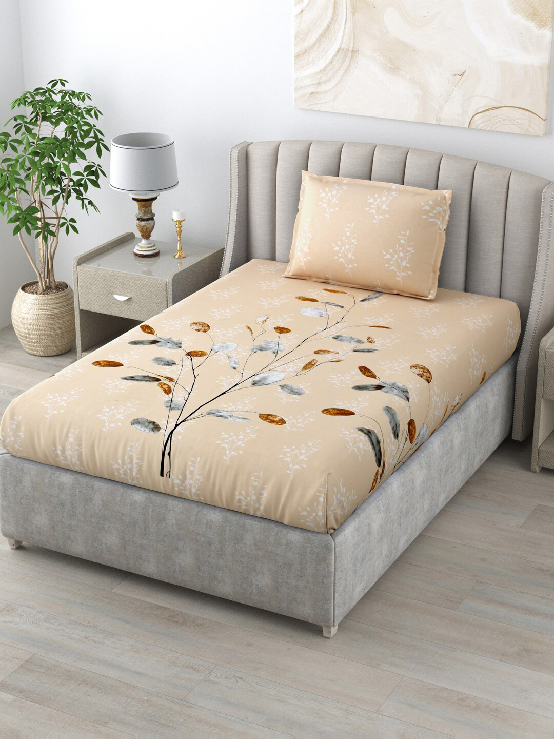 

Salona Bichona Austere Peach & Grey Floral 144 TC Cotton Single Bedsheet & 1 Pillow Cover