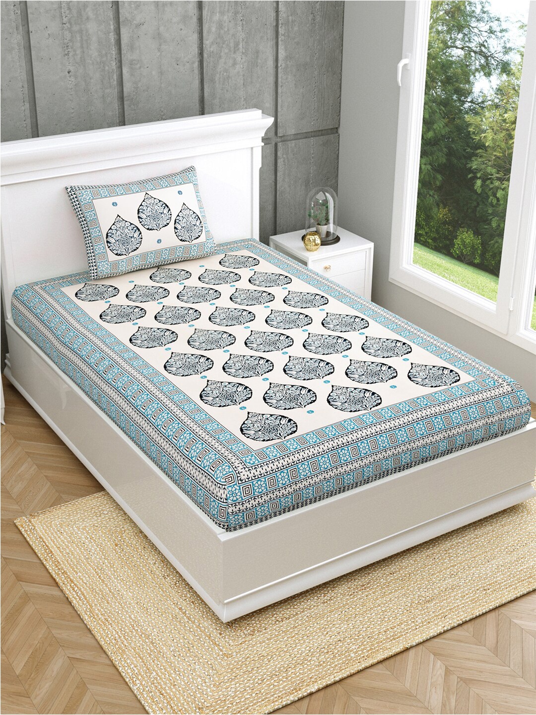 

Salona Bichona Turquoise Blue & White 120 TC Single Bedsheet With 1 Pillow Cover