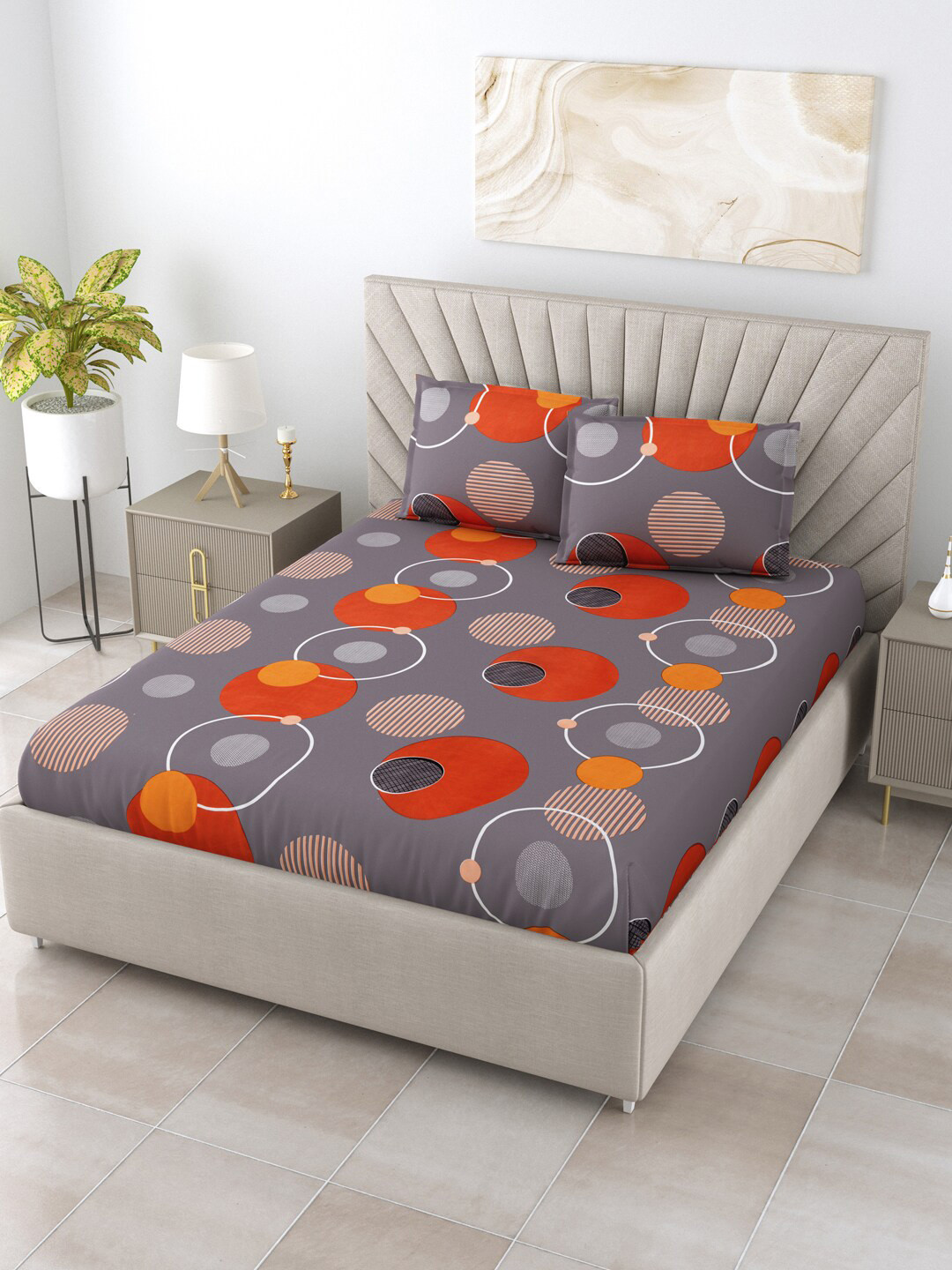 

Salona Bichona Relex Grey & Orange 144 TC Queen Bedsheet With 2 Pillow Covers