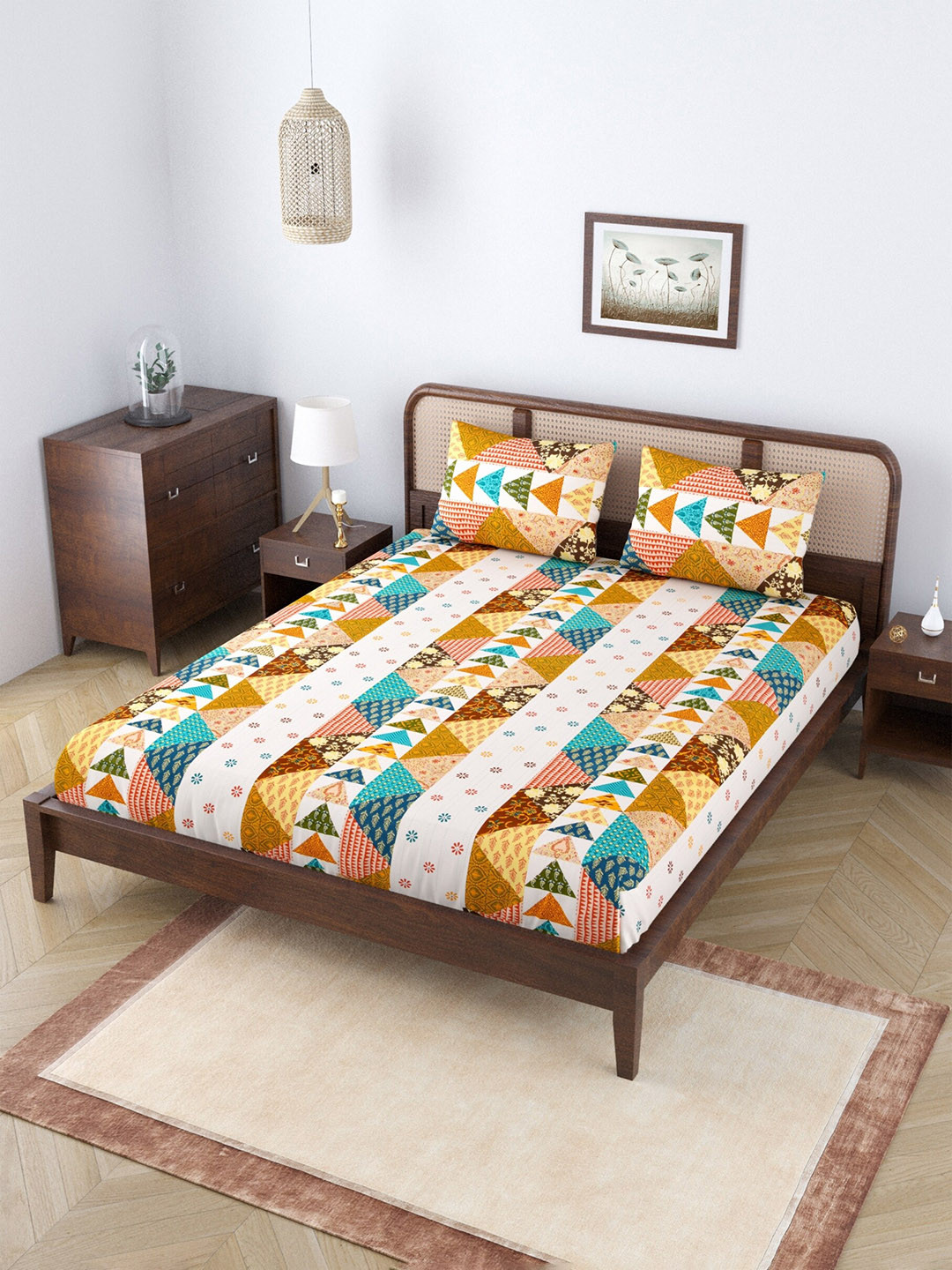 

Salona Bichona Yellow & White Floral 120 TC Queen Bedsheet with 2 Pillow Covers
