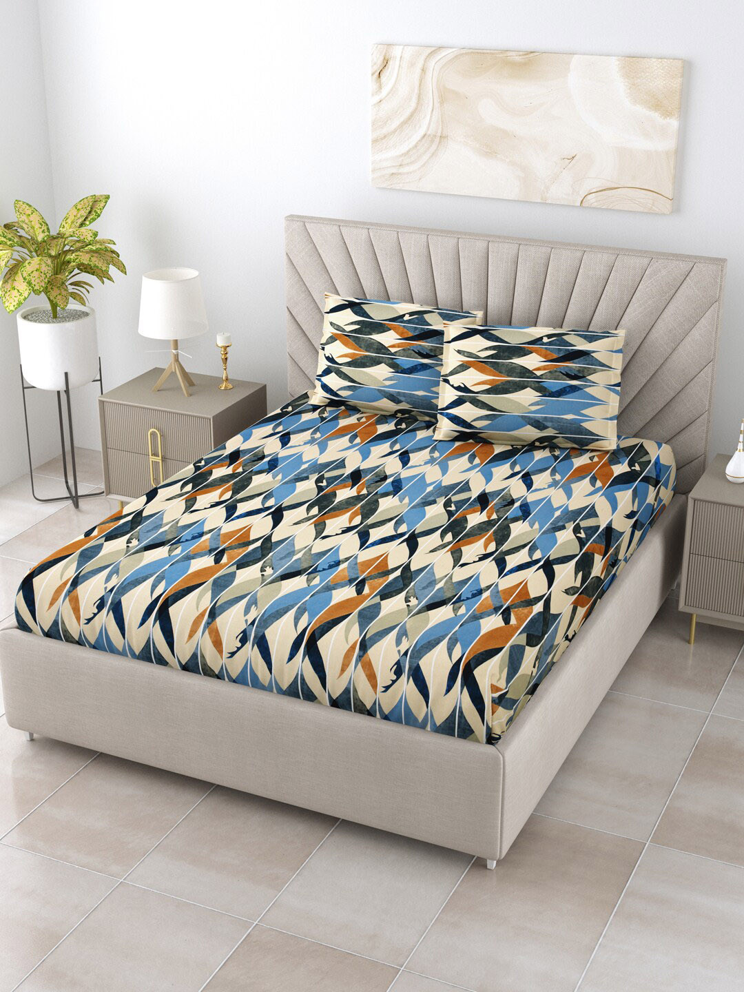 

Salona Bichona Austere Beige & Blue 144 TC King Bedsheet With 2 Pillow Covers