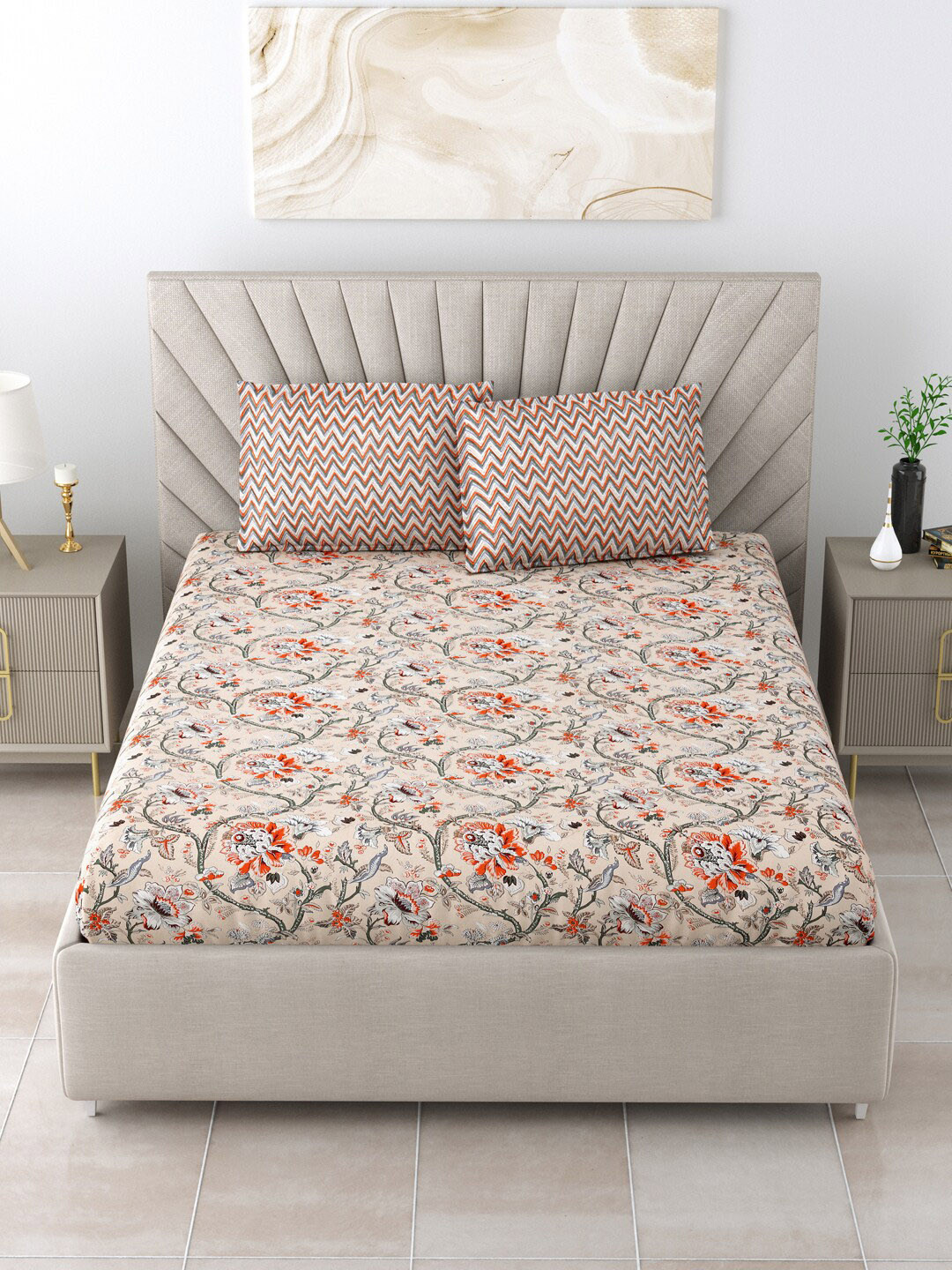 

Salona Bichona Unique Beige & Orange Floral 120 TC Queen Bedsheet with 2 Pillow Covers