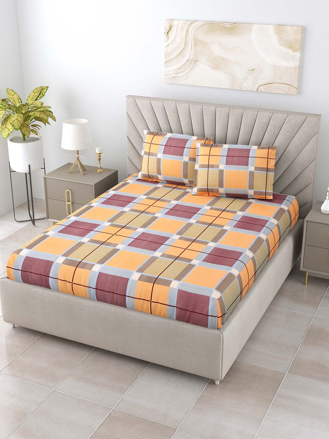 

Salona Bichona Mauve & Orange Geometric 180 TC Queen Bedsheet with 2 Pillow Covers