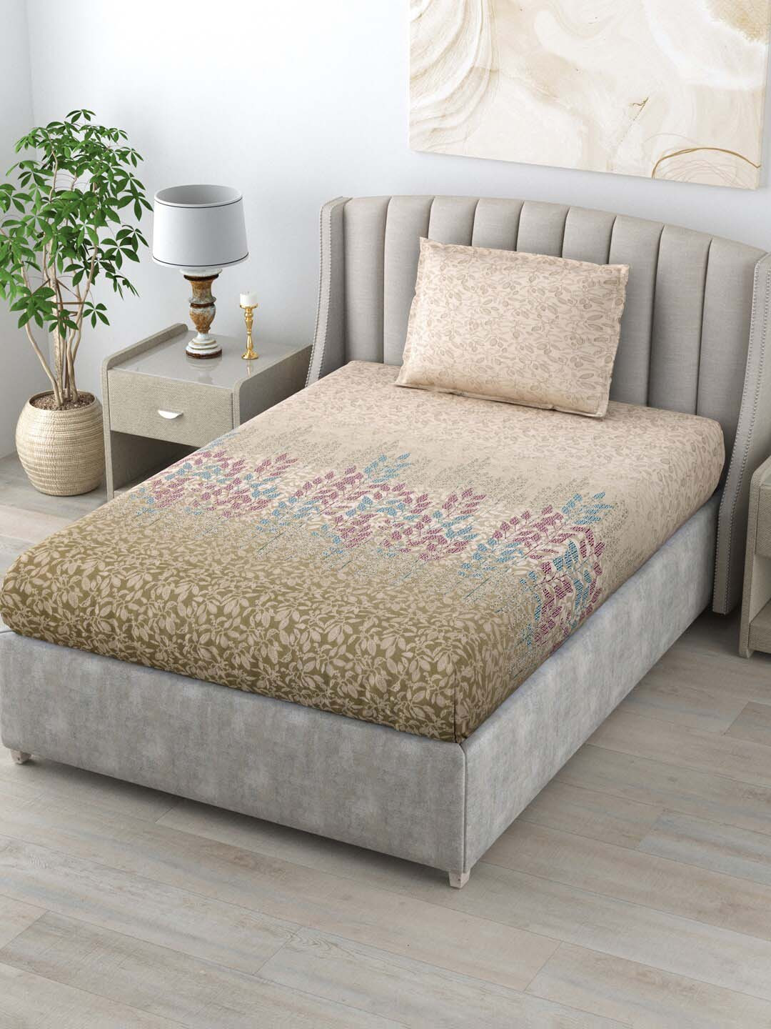 

Salona Bichona Austere Beige & Purple Floral 144 TC Cotton Single Bedsheet & Pillow Cover