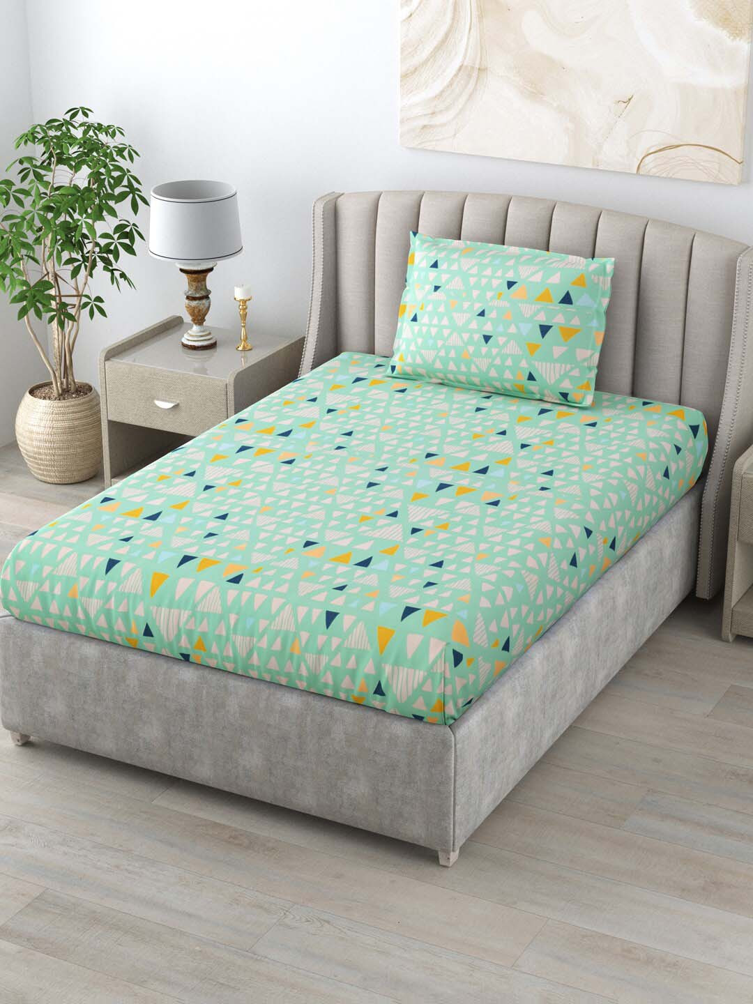 

Salona Bichona Lime Green & Yellow Geometric 144 TC Single Bedsheet with Pillow Cover