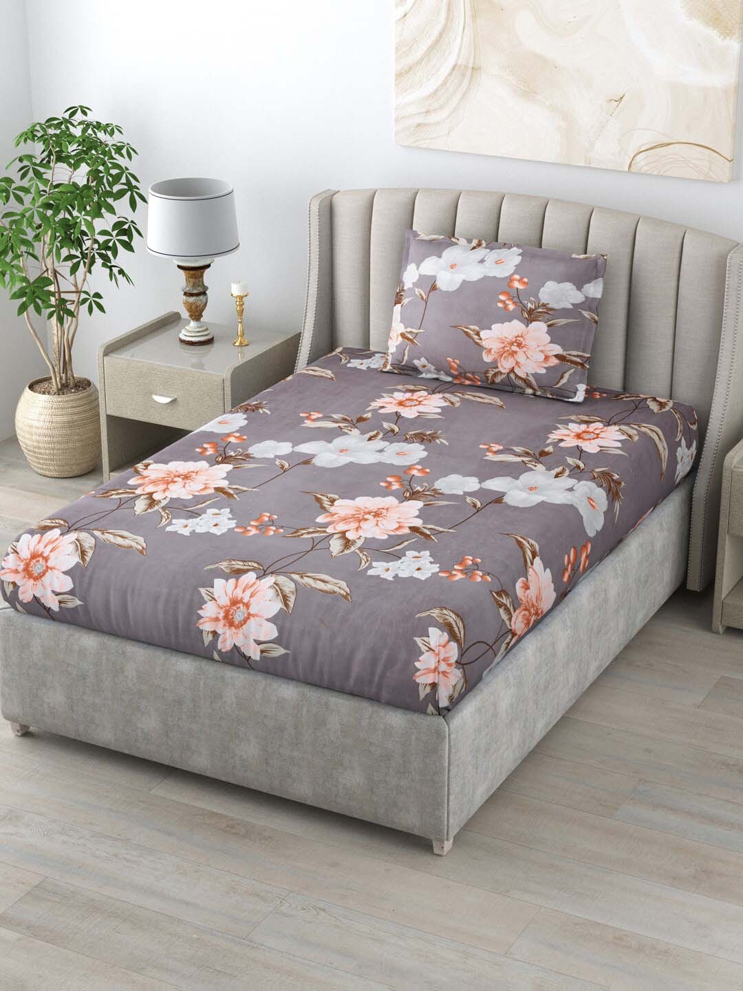 

Salona Bichona Grey & Peach Floral 144 TC Single Bedsheet With 1 Pillow Cover