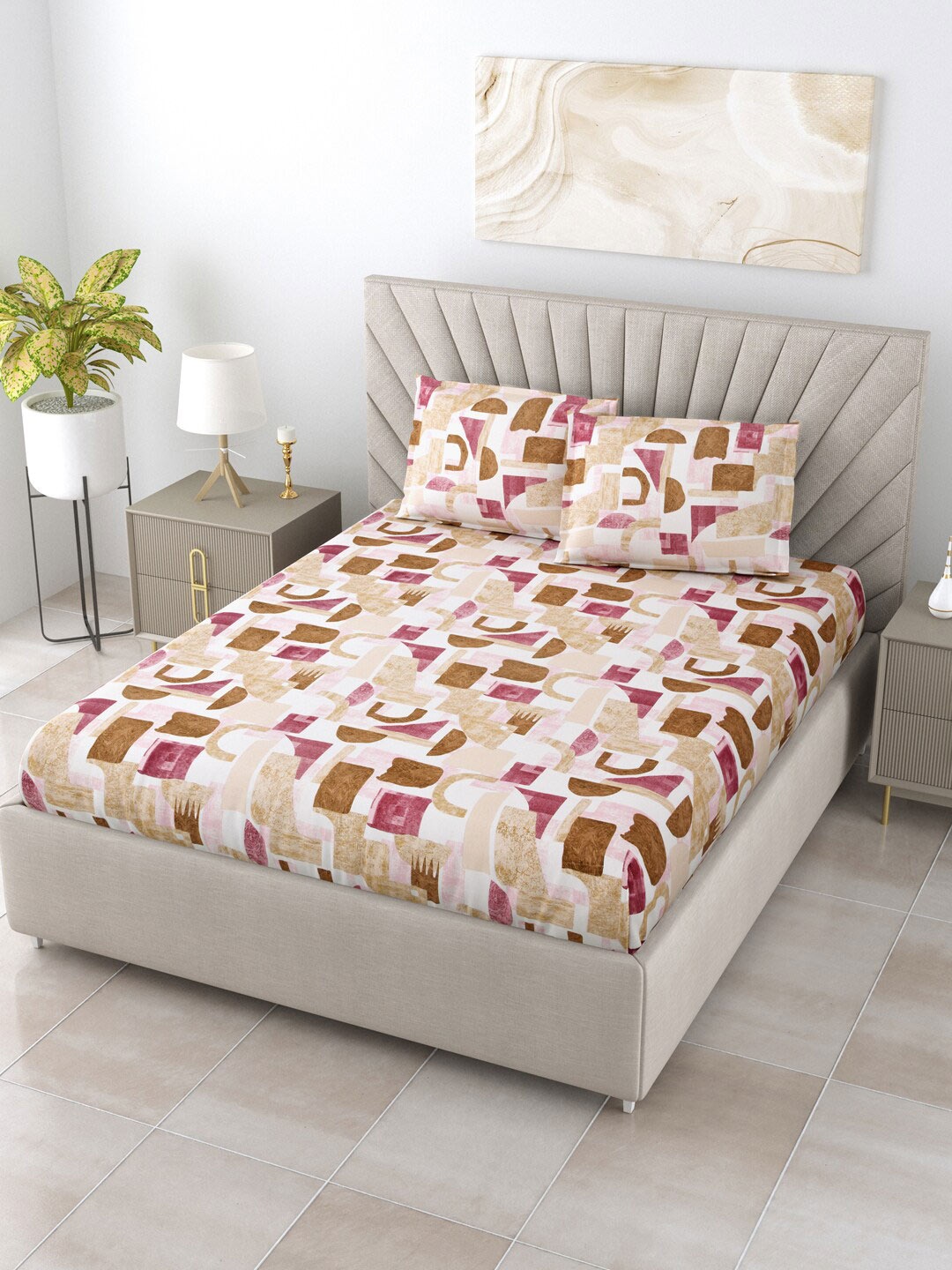 

Salona Bichona White & Brown 120 TC Queen Bedsheet With 2 Pillow Covers