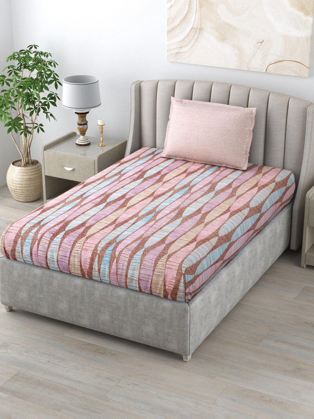 

Salona Bichona Pink & Blue Printed 120 TC Single Bedsheet With 1 Pillow Cover