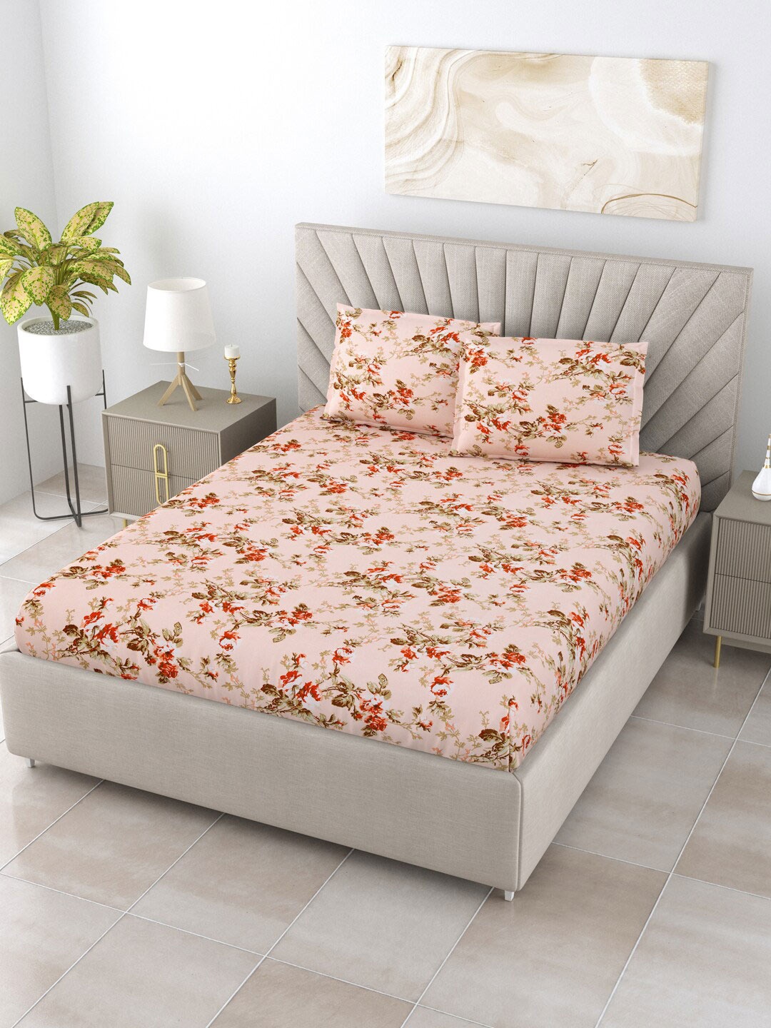 

Salona Bichona Peach & Olive Green Floral 144 TC Queen Bedsheet with 2 Pillow Covers