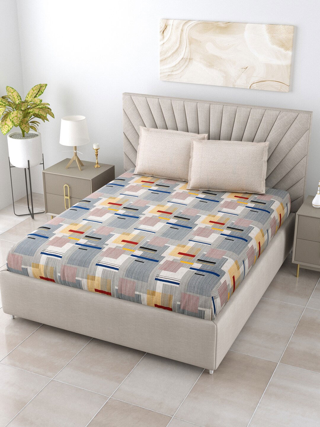 

Salona Bichona White & Blue 120 TC Queen Bedsheet With 2 Pillow Covers