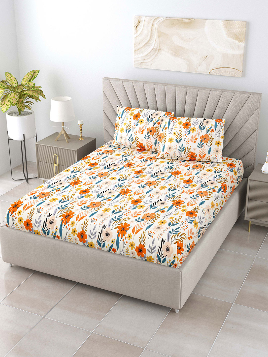 

Salona Bichona Beige & Orange Floral 180 TC Queen Bedsheet With 2 Pillow Covers
