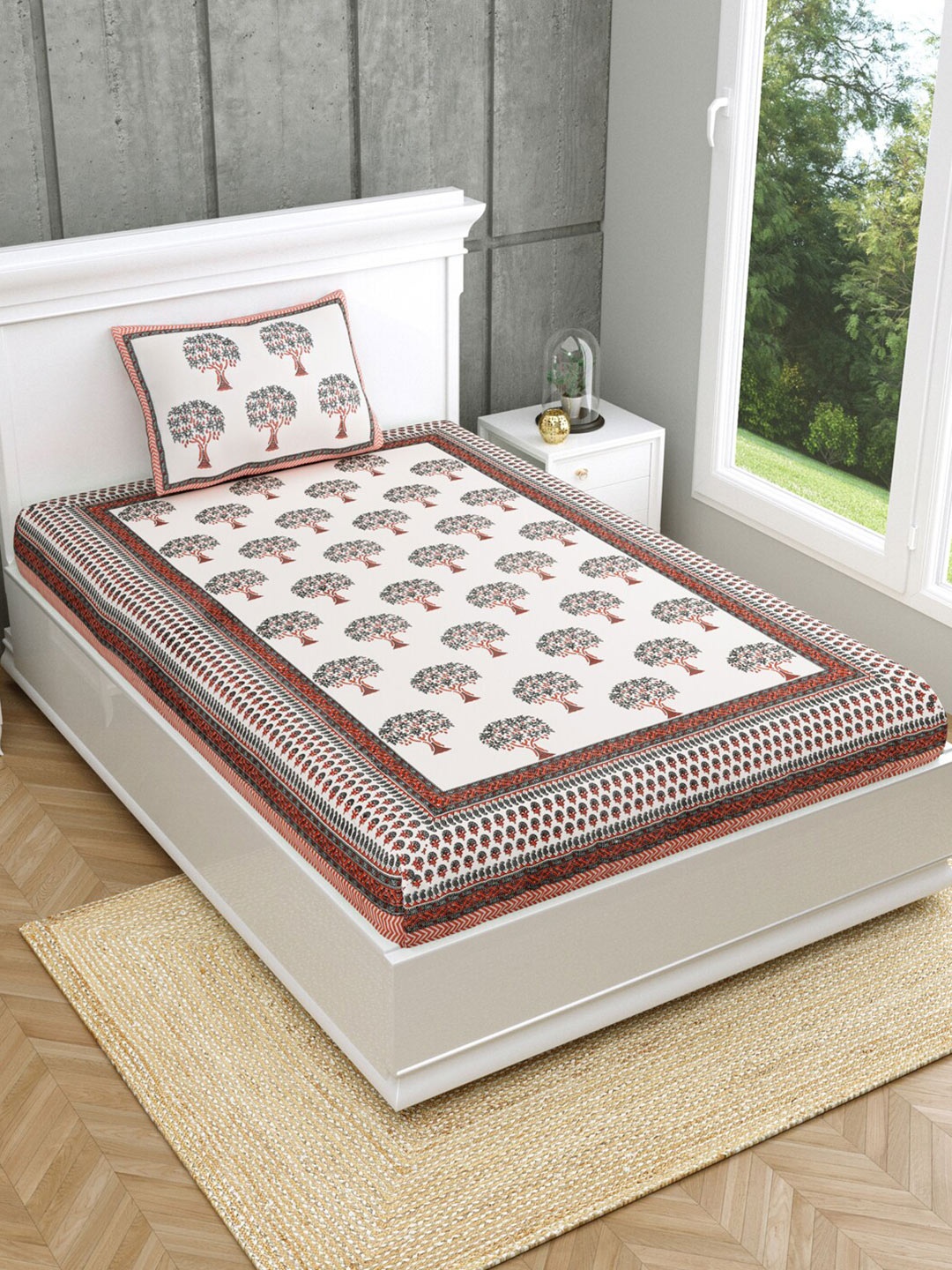 

Salona Bichona Beige & Brown Floral 120 TC Single Bedsheet With 1 Pillow Cover
