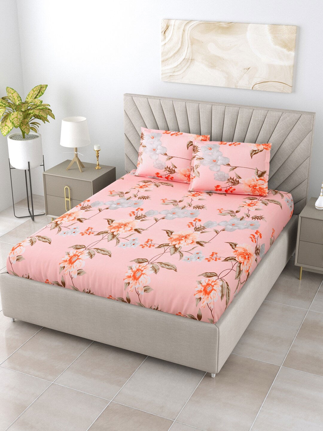 

Salona Bichona Pink & Blue Floral 144 TC Queen Bedsheet With 2 Pillow Covers