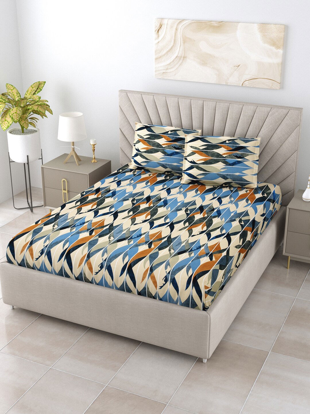 

Salona Bichona Austere Blue & Beige 144 TC Queen Bedsheet With 2 Pillow Covers