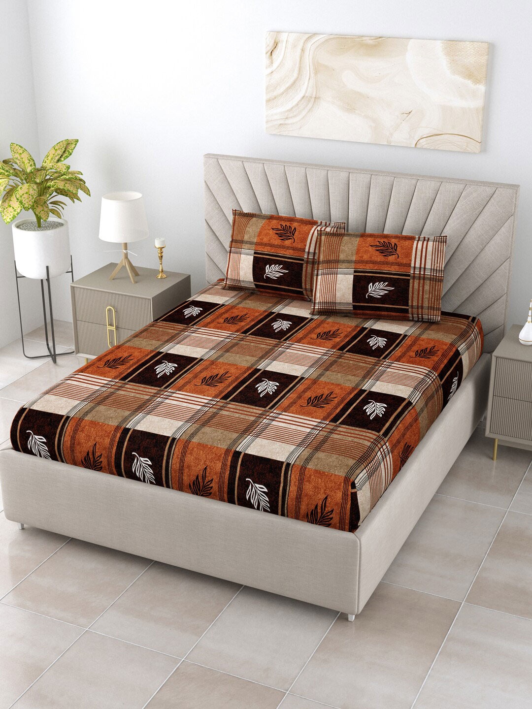 

Salona Bichona Rust & Brown Floral 144 TC Queen Bedsheet With 2 Pillow Covers