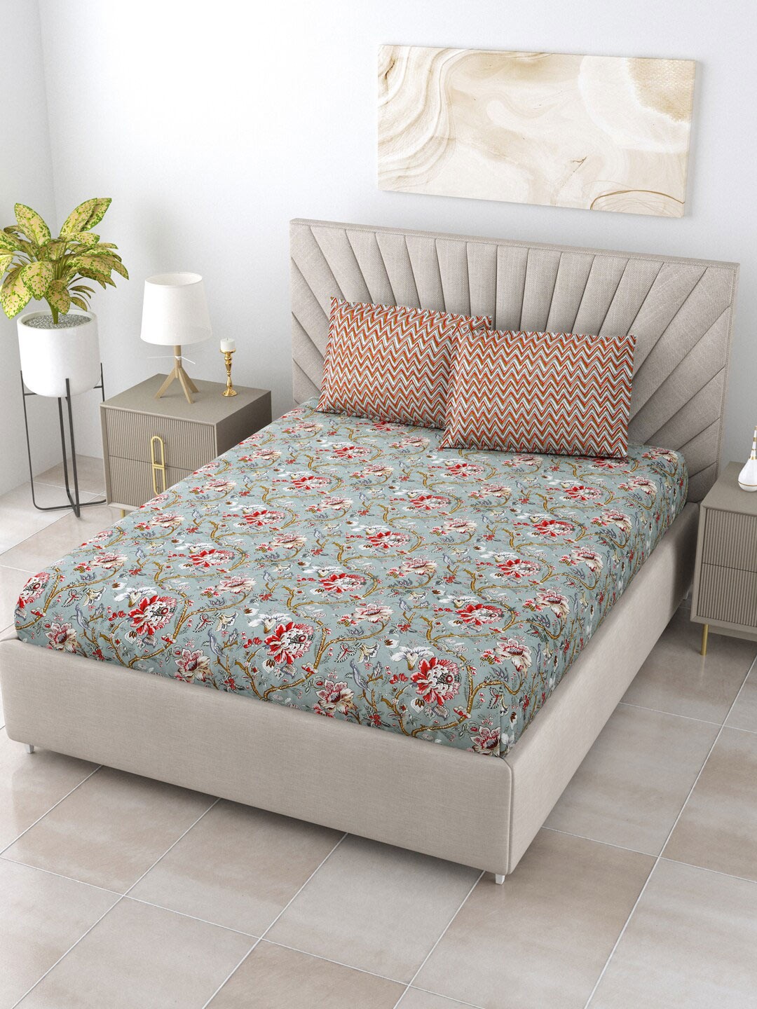 

Salona Bichona Unique Grey & Red Floral 120 TC Queen Bedsheet with 2 Pillow Covers