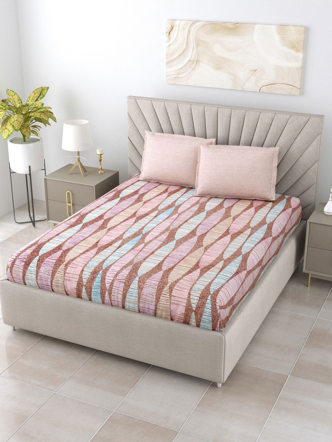 

Salona Bichona Unique Pink & Brown 120 TC King Bedsheet With 2 Pillow Covers