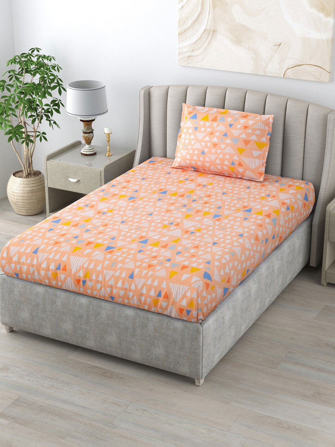 

Salona Bichona Peach-Coloured & White 144 TC Single Bedsheet With 1 Pillow Cover