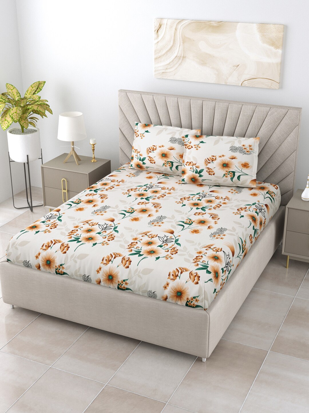 

Salona Bichona Off White & Brown Floral 180 TC Queen Bedsheet with 2 Pillow Covers