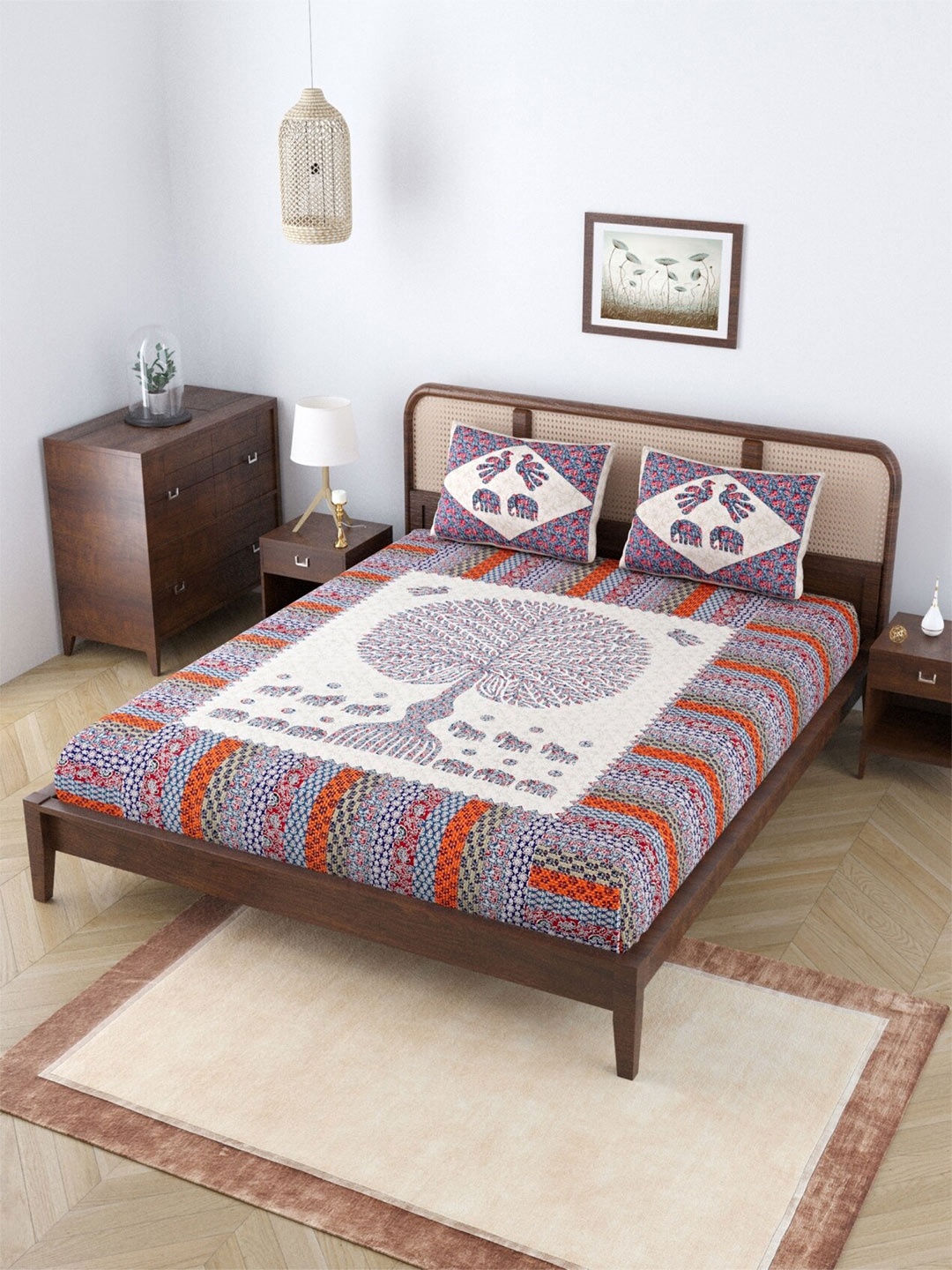 

Salona Bichona Purple & Off White Ethnic Motif 120TC Cotton Queen Bedsheet & Pillow Covers