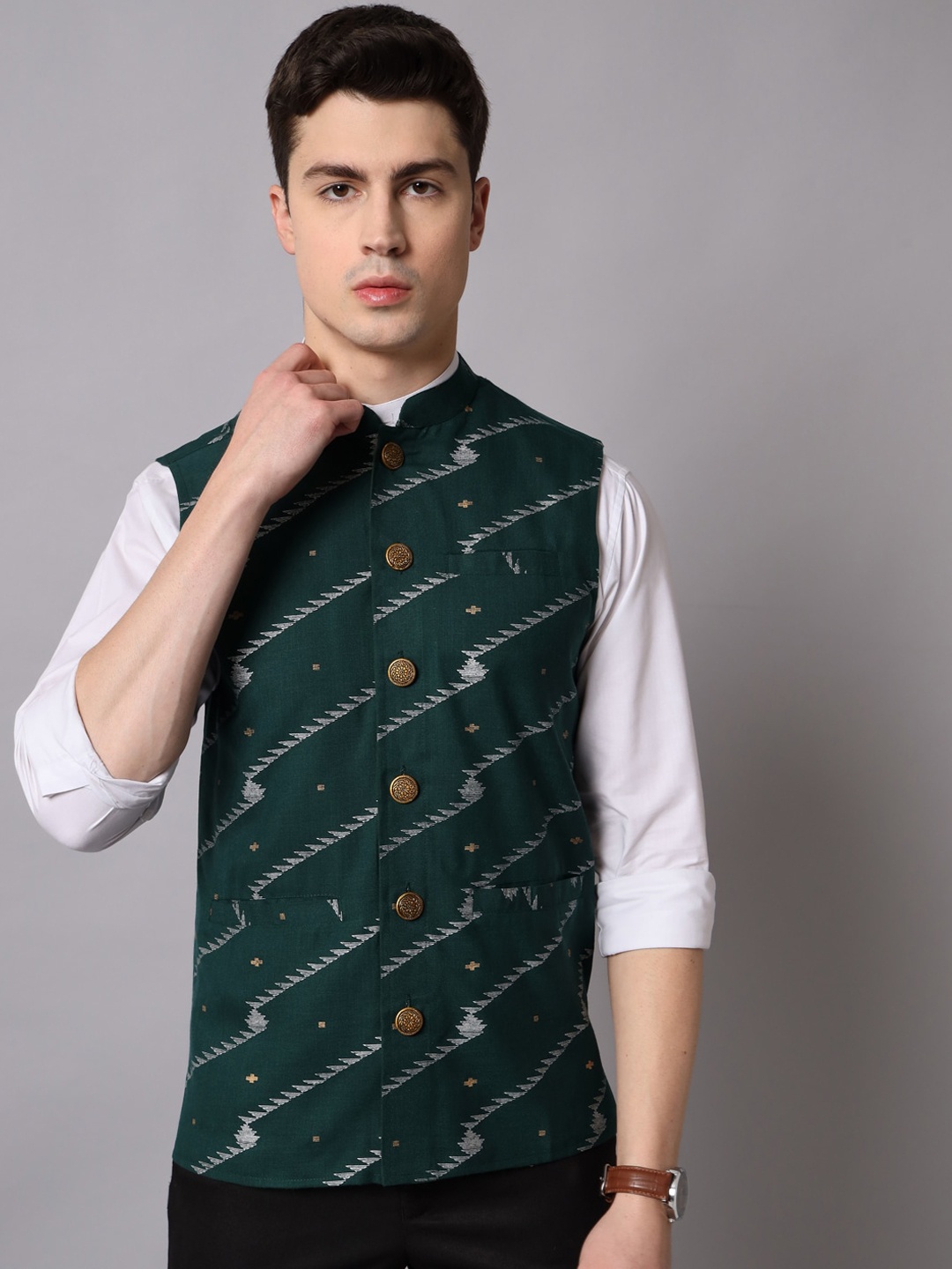 

Sutidora Printed Mandarin Collar Pure Cotton Nehru Jacket, Green