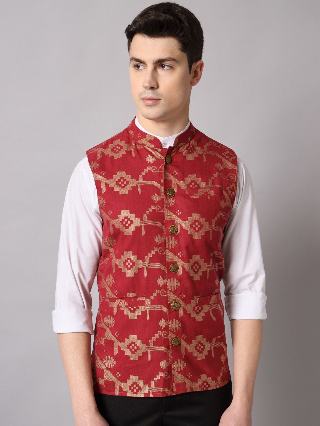 

Sutidora Printed Mandarin Collar Pure Cotton Nehru Jacket, Red