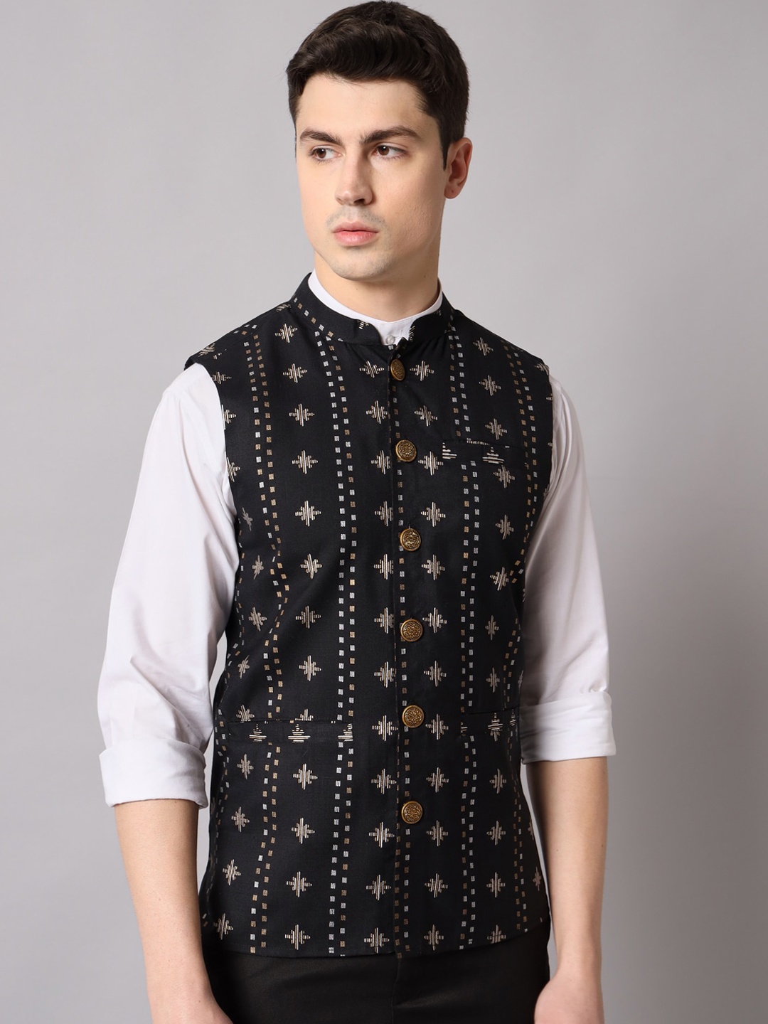 

Sutidora Printed Pure Cotton Nehru Jacket, Black