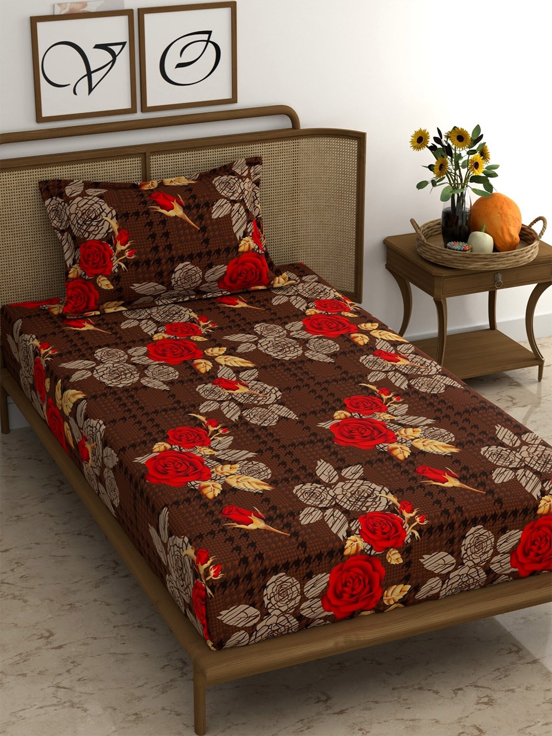 

CHHAVI INDIA Brown & Red Floral 210 TC Single Bedsheet with Pillow Cover