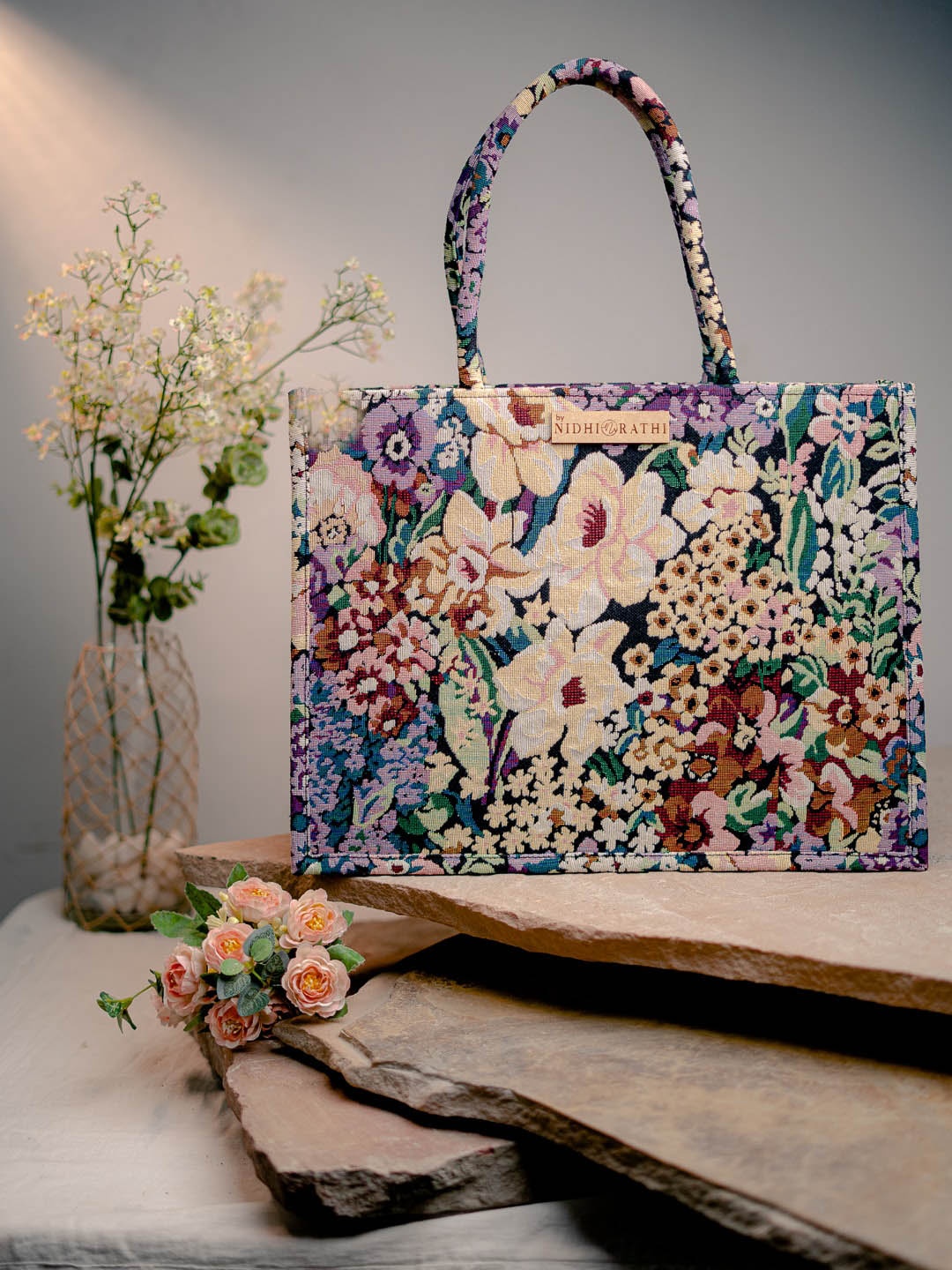 

NR By Nidhi Rathi Floral Printed Structured Handheld Bag, Brown
