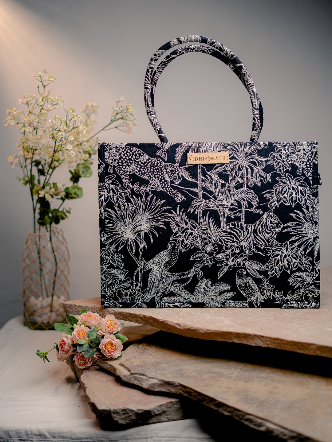 

NR By Nidhi Rathi Floral Printed Structured Tote Bag, Black