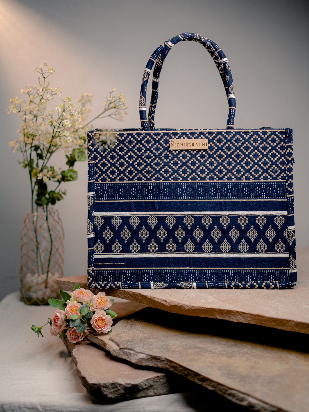 

NR By Nidhi Rathi Printed Structured Handheld Bag, Navy blue