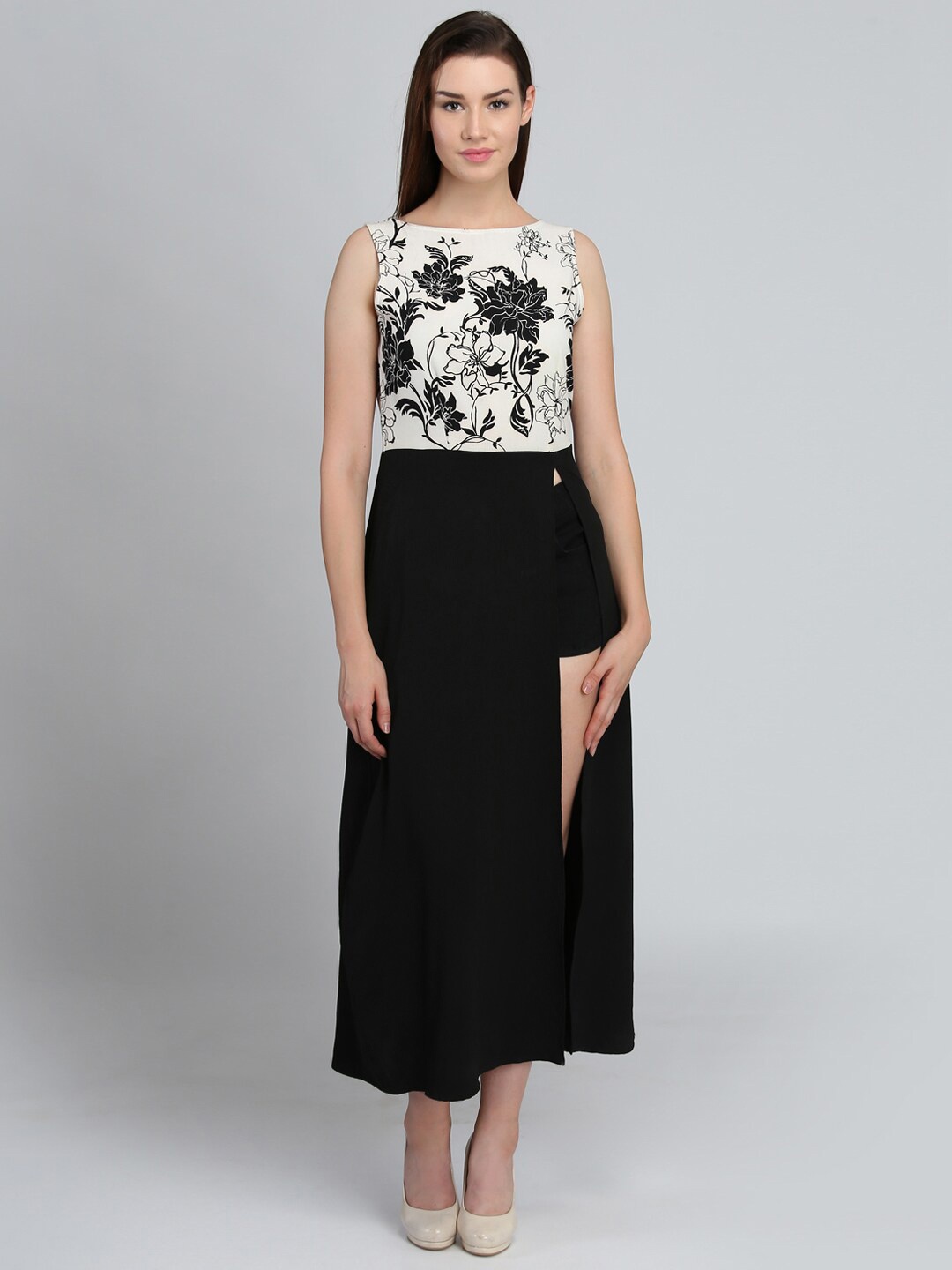 

DODO & MOA Round Neck Floral Printed Maxi Dress, Black