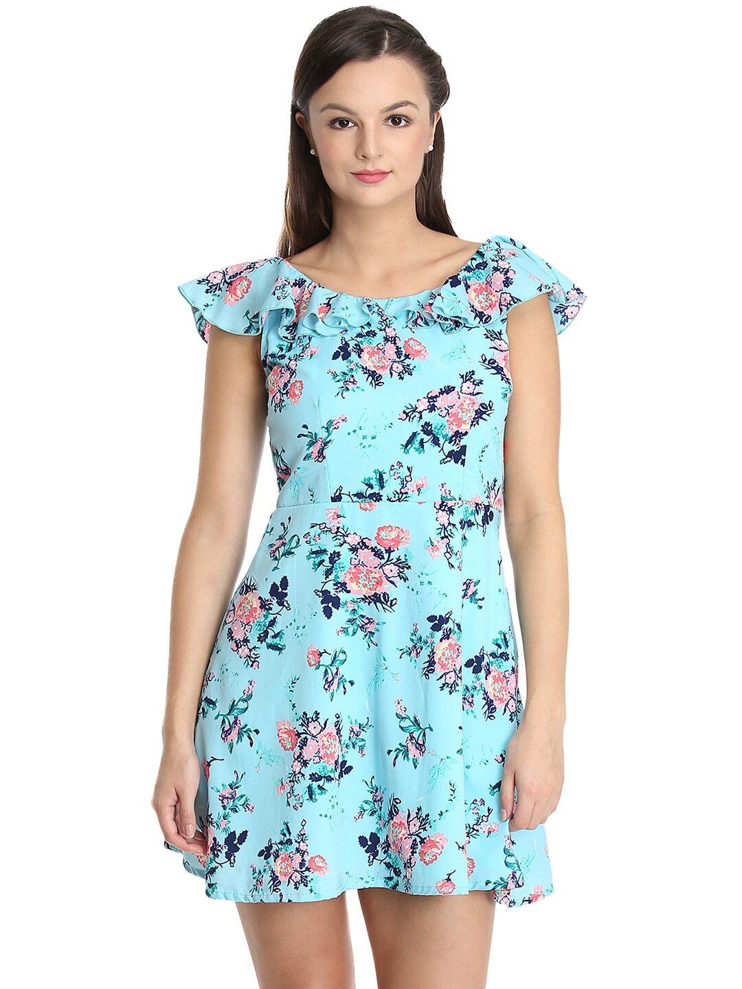 

DODO & MOA Flutter Sleeves Floral Printed A-Line Mini Dress, Blue