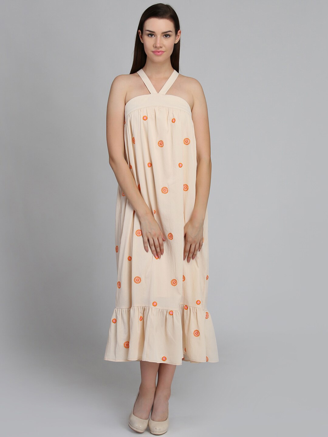 

DODO & MOA Halter Neck Floral A-Line Midi Dress, Peach