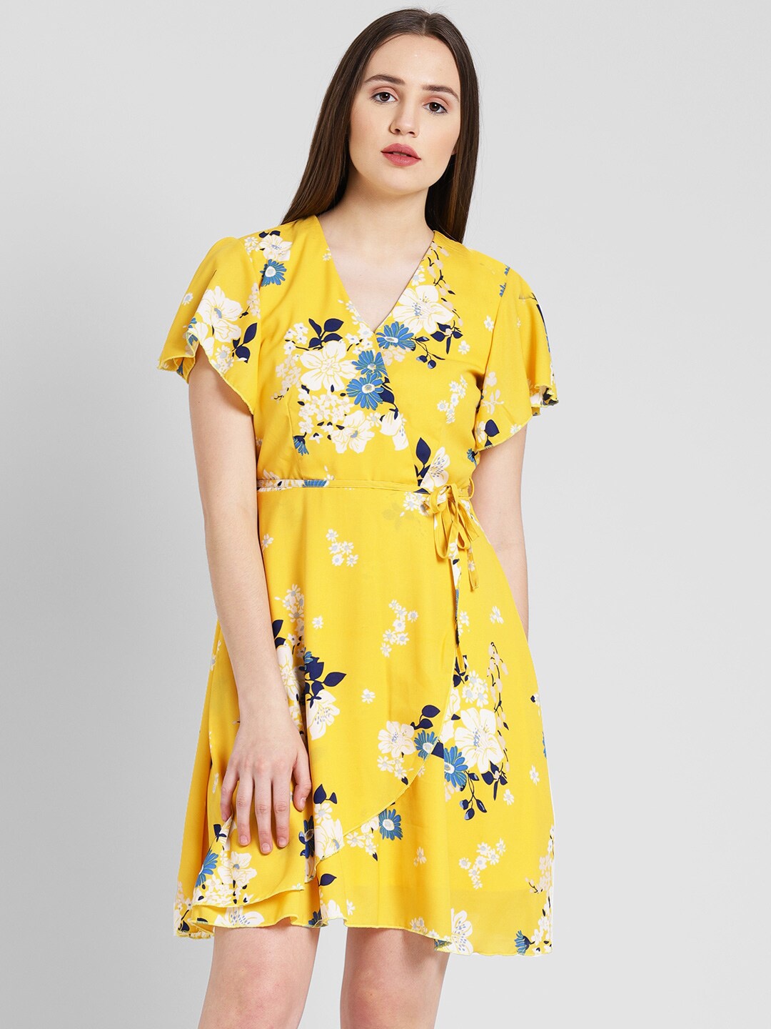

DODO & MOA Floral Printed Flutter Sleeve Tie-Ups A-Line Mini Dress, Yellow