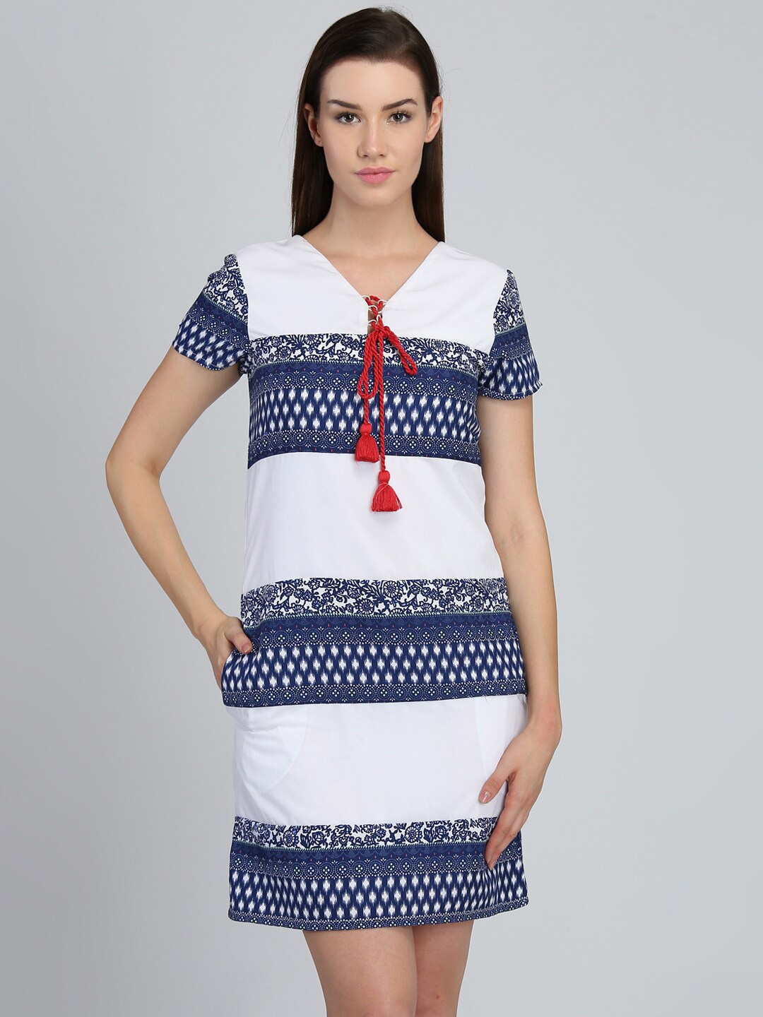 

DODO & MOA Geometric Printed Tie-Up Neck A-Line Mini Dress, White