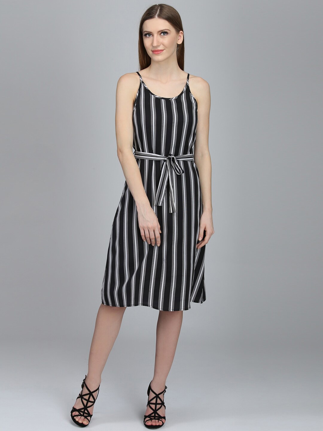 

DODO & MOA Striped Shoulder Strap Belted A-Line Dress, Black