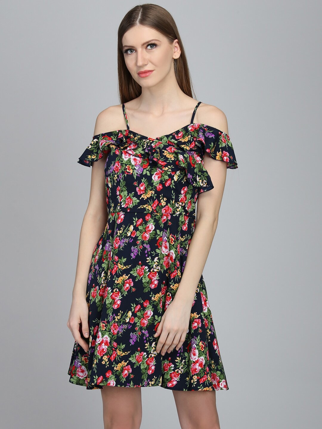 

DODO & MOA Cold-Shoulder Sleeves Floral Printed A-Line Dress, Navy blue