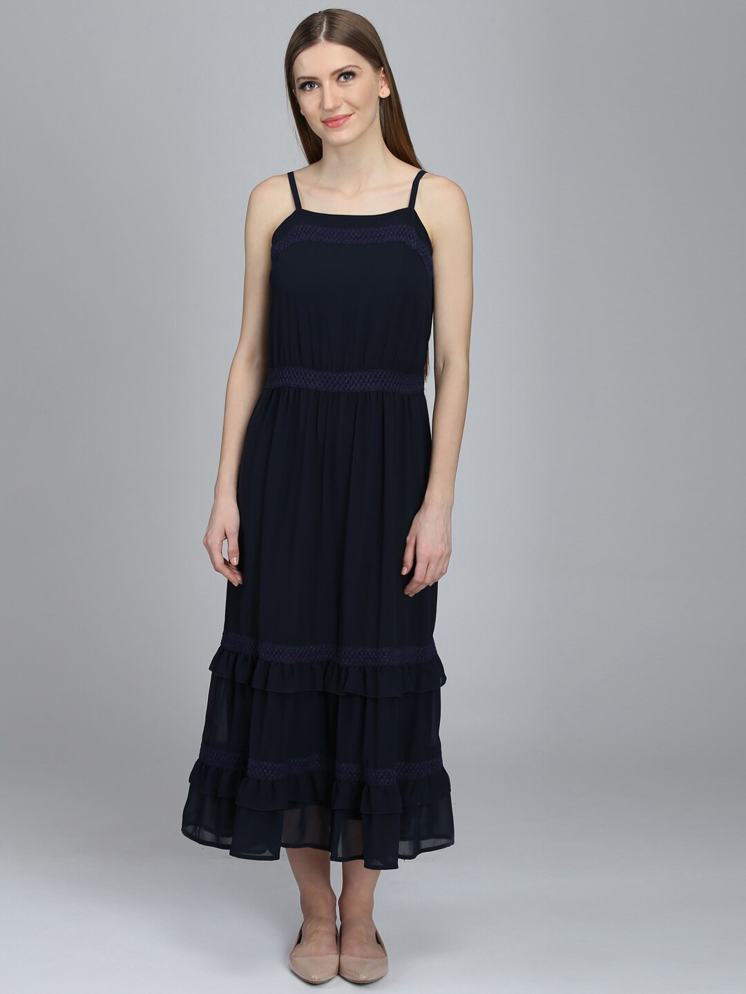 

DODO & MOA Shoulder Straps A-Line Midi Dress, Navy blue