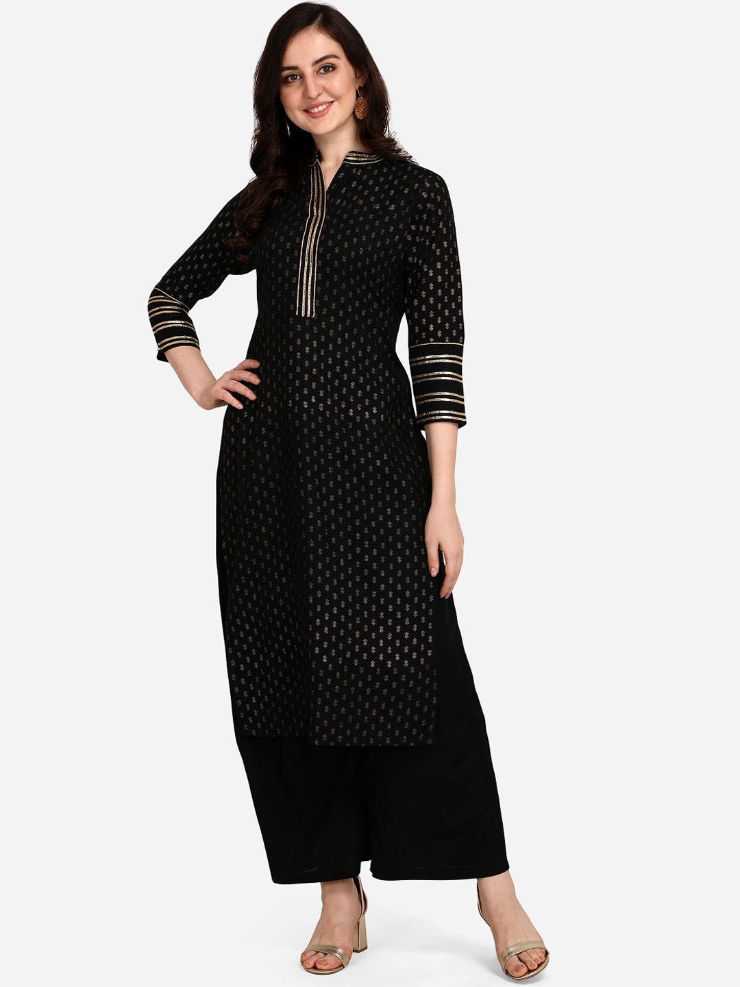 

Florence Women Ethnic Motifs Printed Mandarin Collar Kurta with Palazzos, Black